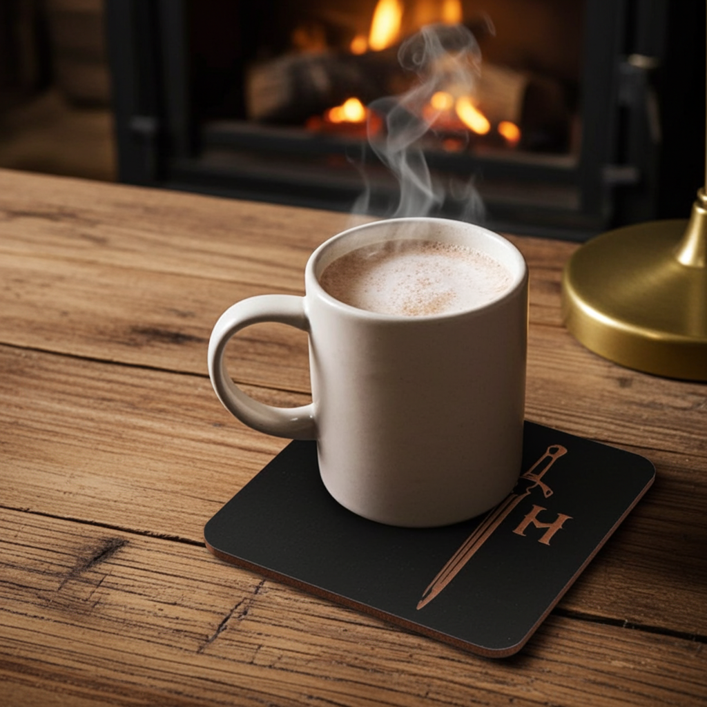 Set of 6 Wooden Coasters. Swords Theme. (3 Designs), Square. Black Wood Collection, with bumper feet.