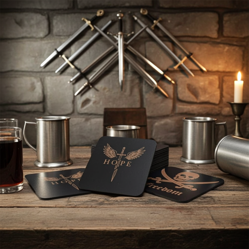 Set of 6 Wooden Coasters. Swords Theme. (3 Designs), Square. Black Wood Collection, with bumper feet.