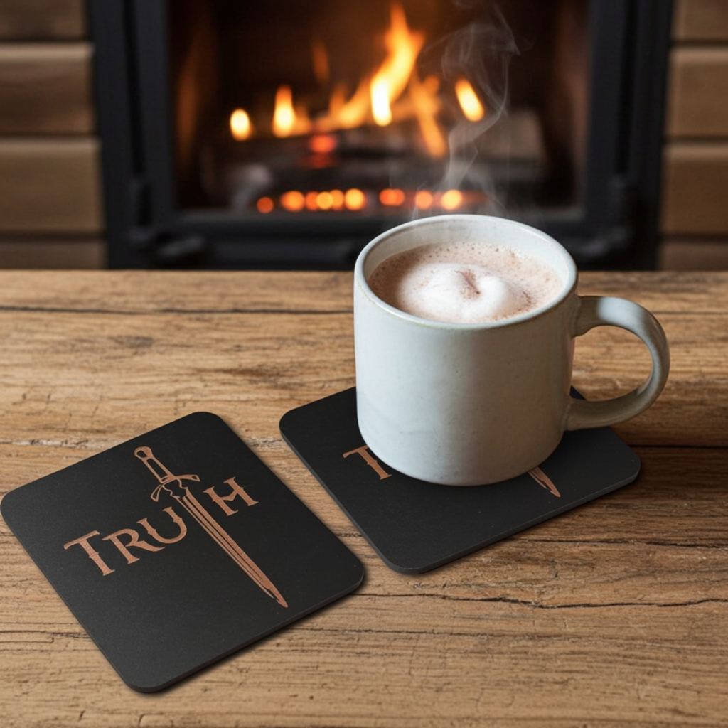 Set of 6 Wooden Coasters. Swords Theme. (3 Designs), Square. Black Wood Collection, with bumper feet.