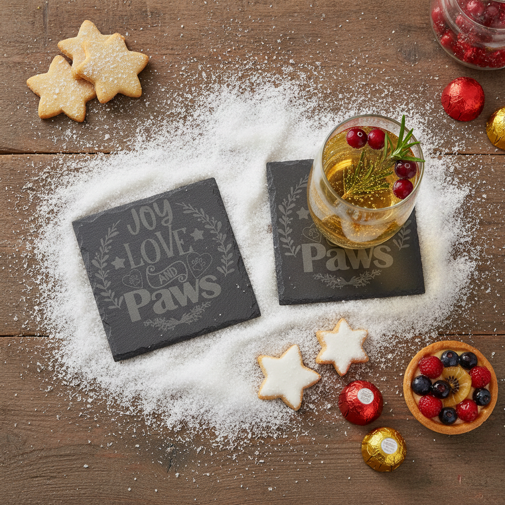 Slate Coasters | Round or Square Christmas Dog Drinks Coasters with Bumper Feet | Weatherproof Holiday Pet Lover Gifts.