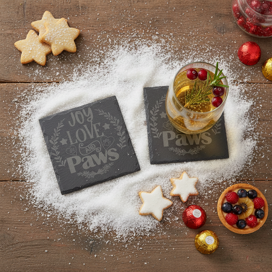 Slate Coasters | Round or Square Christmas Dog Drinks Coasters with Bumper Feet | Weatherproof Holiday Pet Lover Gifts.
