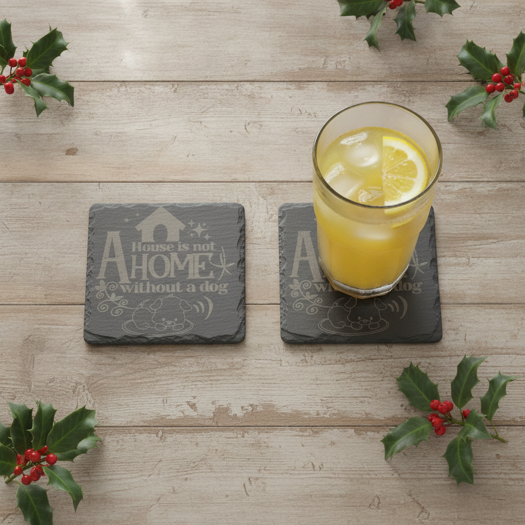 Slate Coasters | Round or Square Christmas Dog Drinks Coasters with Bumper Feet | Weatherproof Holiday Pet Lover Gifts.