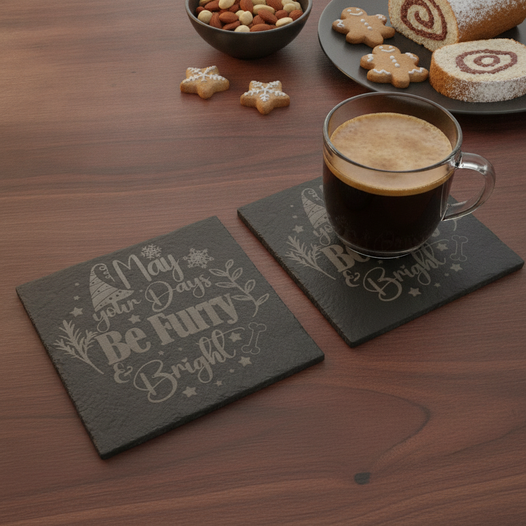 Slate Coasters | Round or Square Christmas Dog Drinks Coasters with Bumper Feet | Weatherproof Holiday Pet Lover Gifts.