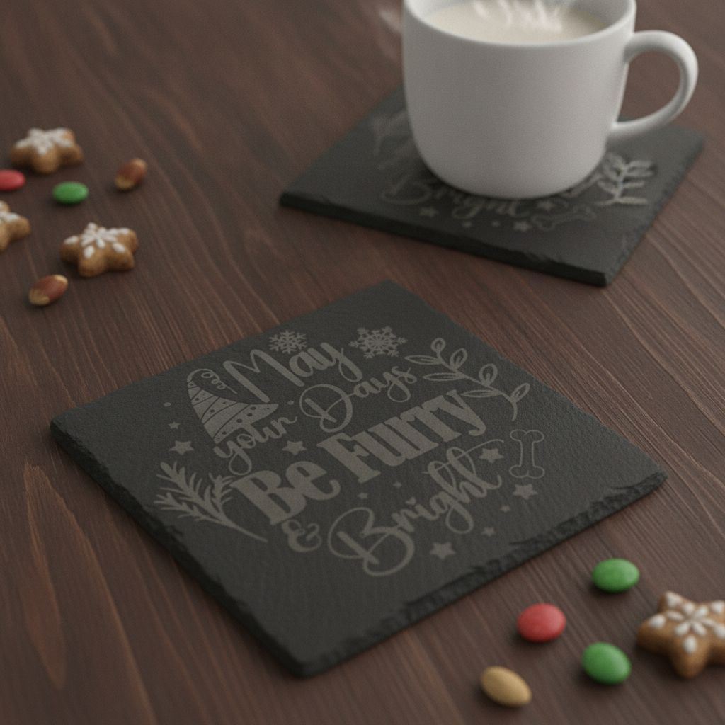 Slate Coasters | Round or Square Christmas Dog Drinks Coasters with Bumper Feet | Weatherproof Holiday Pet Lover Gifts.