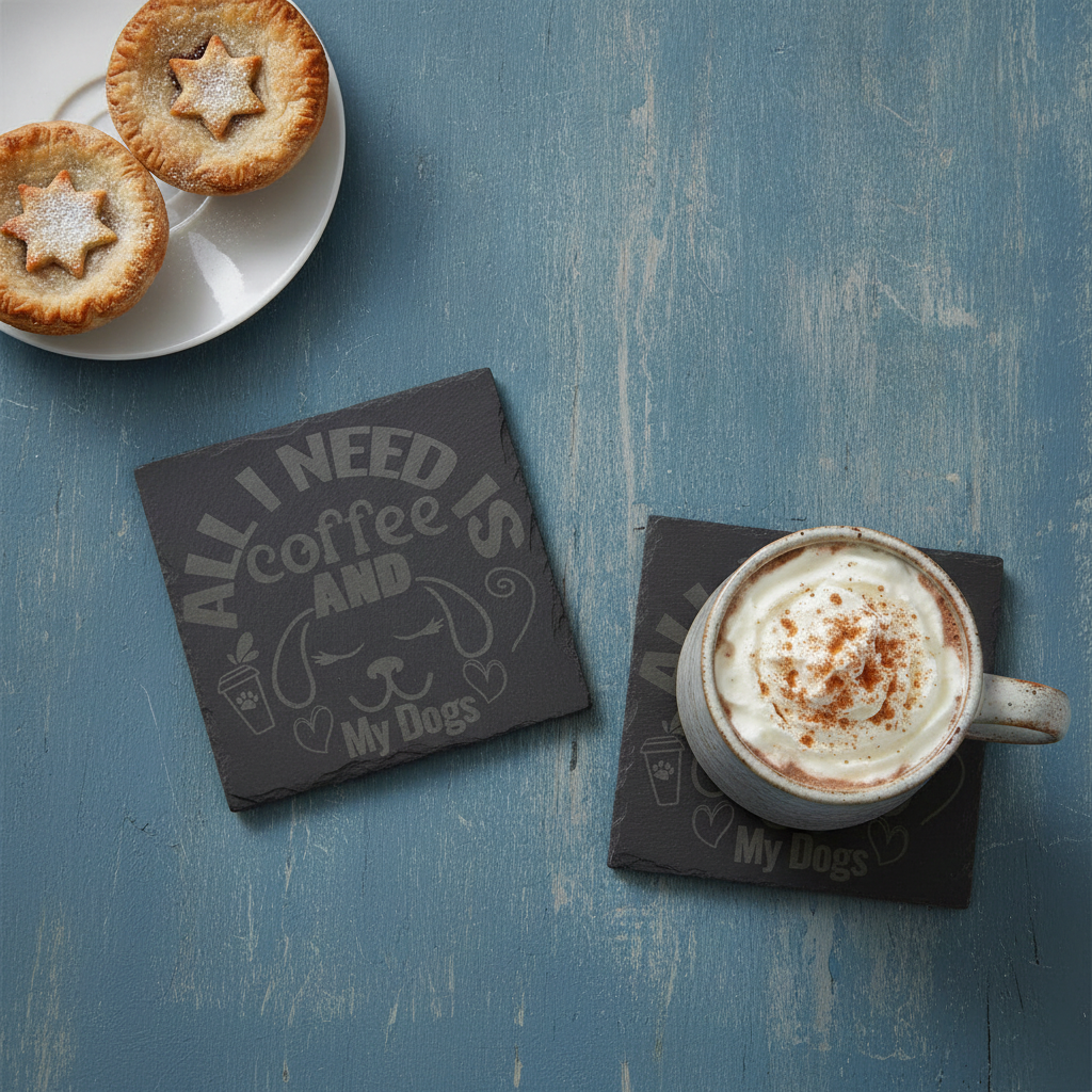 Slate Coasters | Round or Square Christmas Dog Drinks Coasters with Bumper Feet | Weatherproof Holiday Pet Lover Gifts.