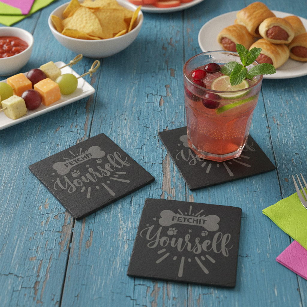 Slate Coasters | Round or Square Christmas Dog Drinks Coasters with Bumper Feet | Weatherproof Holiday Pet Lover Gifts.