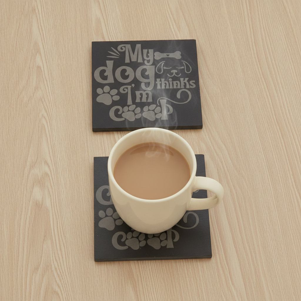 Slate Coasters | Round or Square Christmas Dog Drinks Coasters with Bumper Feet | Weatherproof Holiday Pet Lover Gifts.