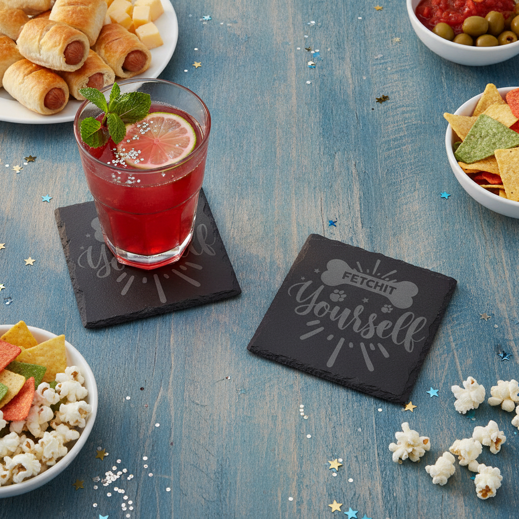 Slate Coasters | Round or Square Christmas Dog Drinks Coasters with Bumper Feet | Weatherproof Holiday Pet Lover Gifts.