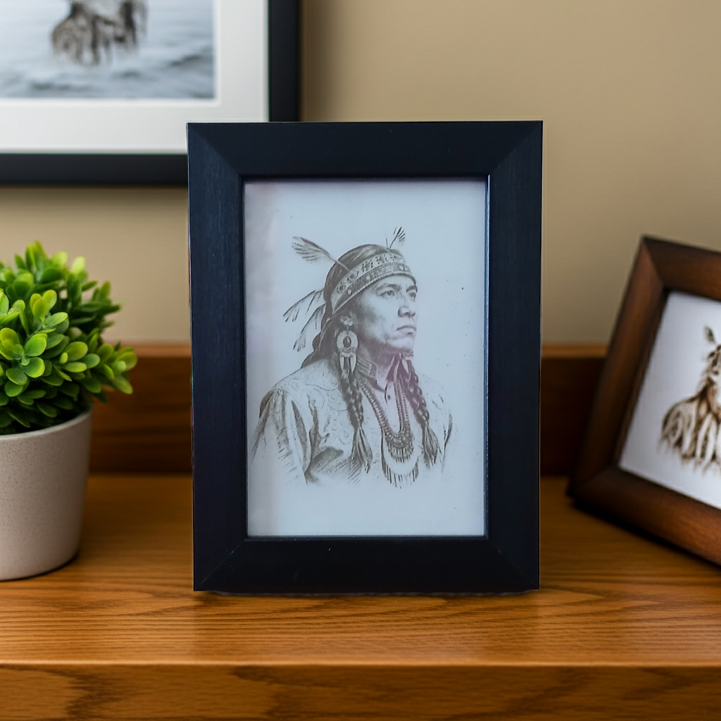 Small Framed Wood Engraving of an American Native. Highly detailed. (8.9cm x 12.7cm)