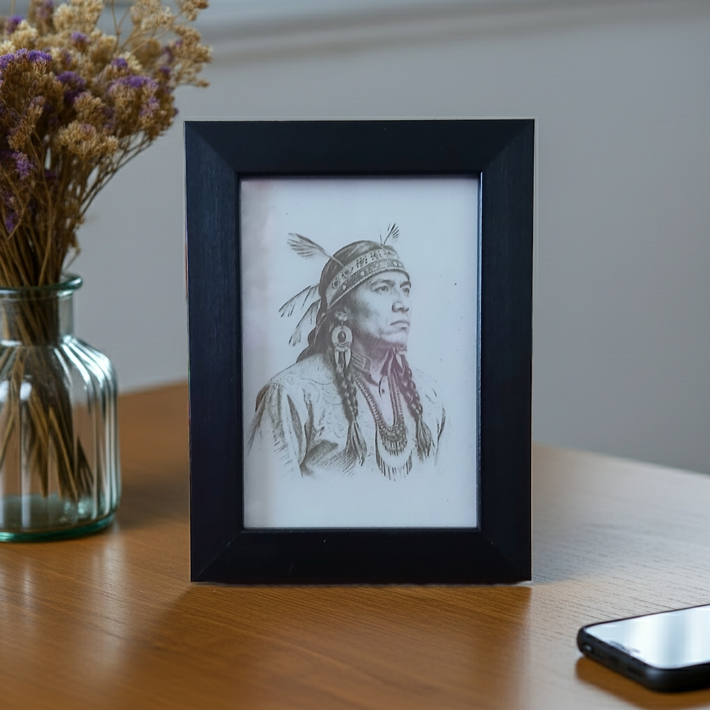 Small Framed Wood Engraving of an American Native. Highly detailed. (8.9cm x 12.7cm)