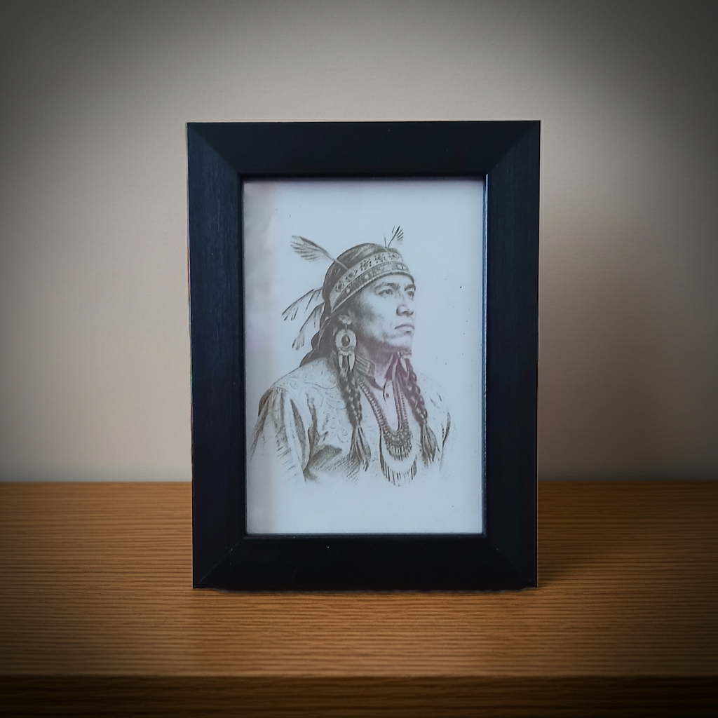 Small Framed Wood Engraving of an American Native. Highly detailed. (8.9cm x 12.7cm)