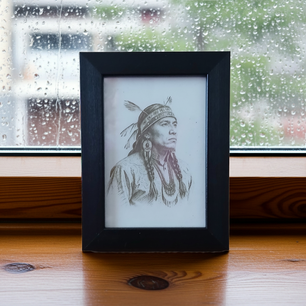 Small Framed Wood Engraving of an American Native. Highly detailed. (8.9cm x 12.7cm)