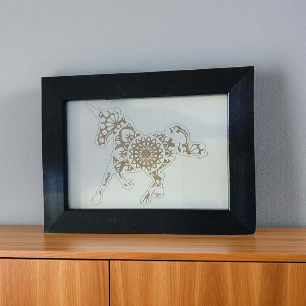 Small Mandala Unicorn engraving with hanging frame.(8.9cm x 12.7cm).