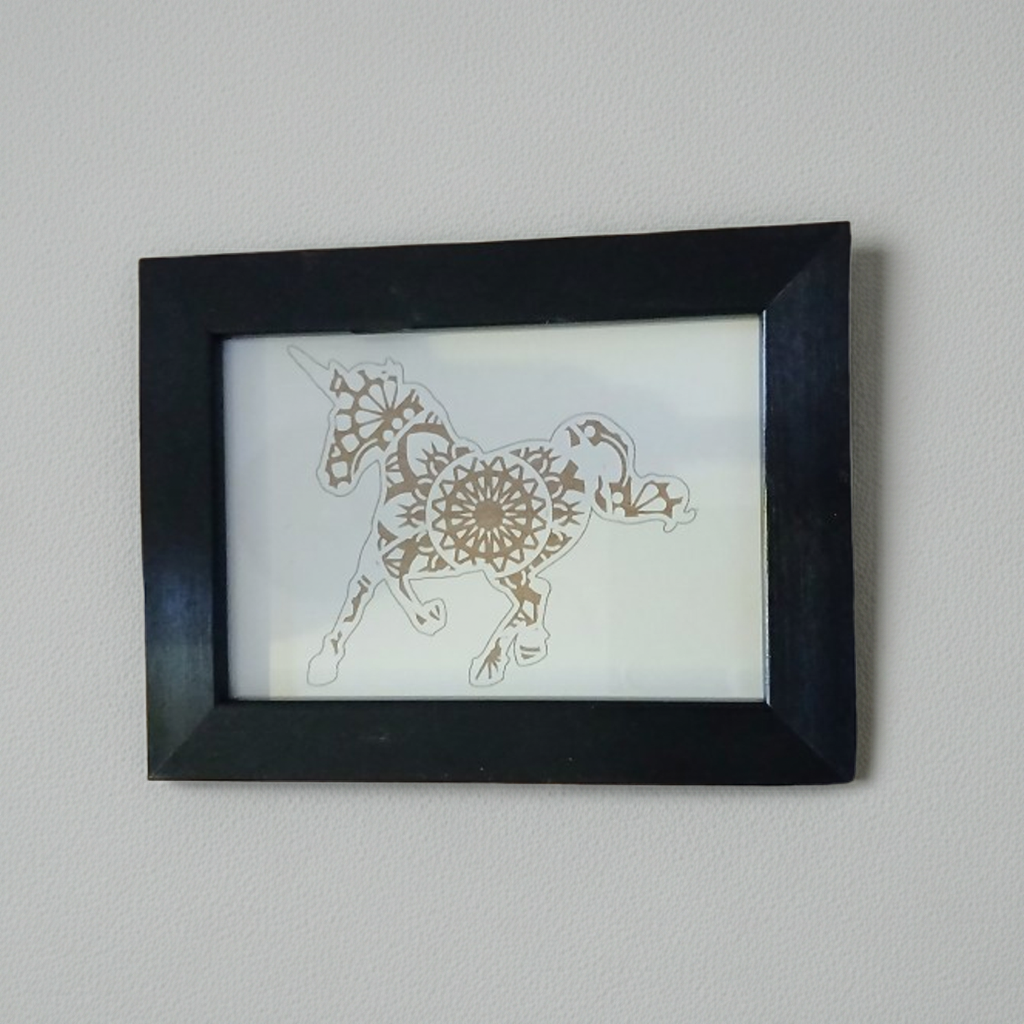 Small Mandala Unicorn engraving with hanging frame.(8.9cm x 12.7cm).
