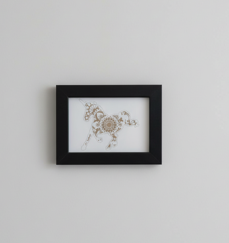 Small Mandala Unicorn engraving with hanging frame.(8.9cm x 12.7cm).