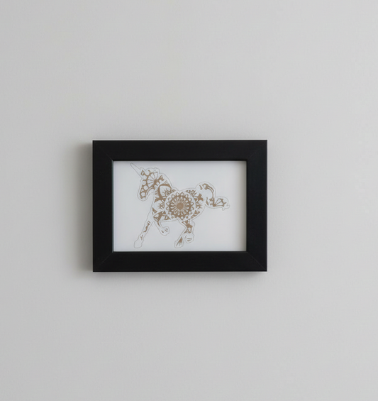 Small Mandala Unicorn engraving with hanging frame.(8.9cm x 12.7cm).