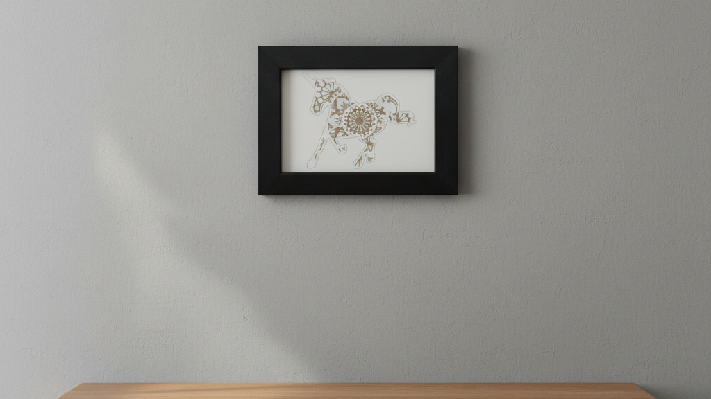 Small Mandala Unicorn engraving with hanging frame.(8.9cm x 12.7cm).