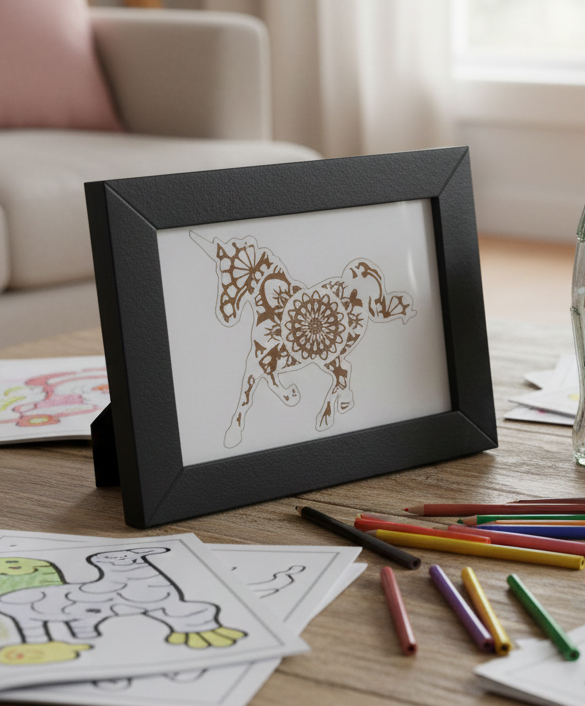 Small Mandala Unicorn engraving with hanging frame.(8.9cm x 12.7cm).