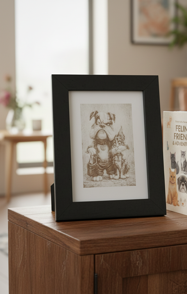 Small wall art engraving with Black frame, "Mr Dog and Ms Cat", (8.9cm x 12.7cm).