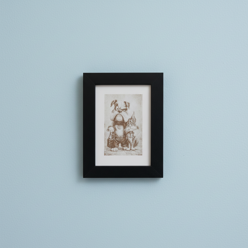 Small wall art engraving with Black frame, "Mr Dog and Ms Cat", (8.9cm x 12.7cm).