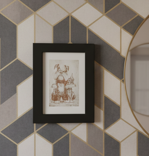 Small wall art engraving with Black frame, "Mr Dog and Ms Cat", (8.9cm x 12.7cm).