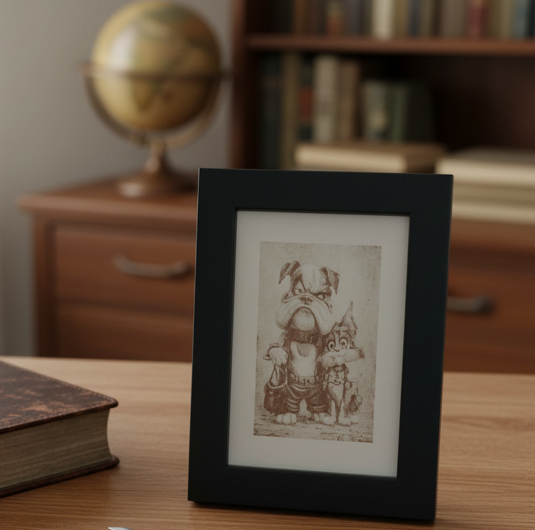 Small wall art engraving with Black frame, "Mr Dog and Ms Cat", (8.9cm x 12.7cm).