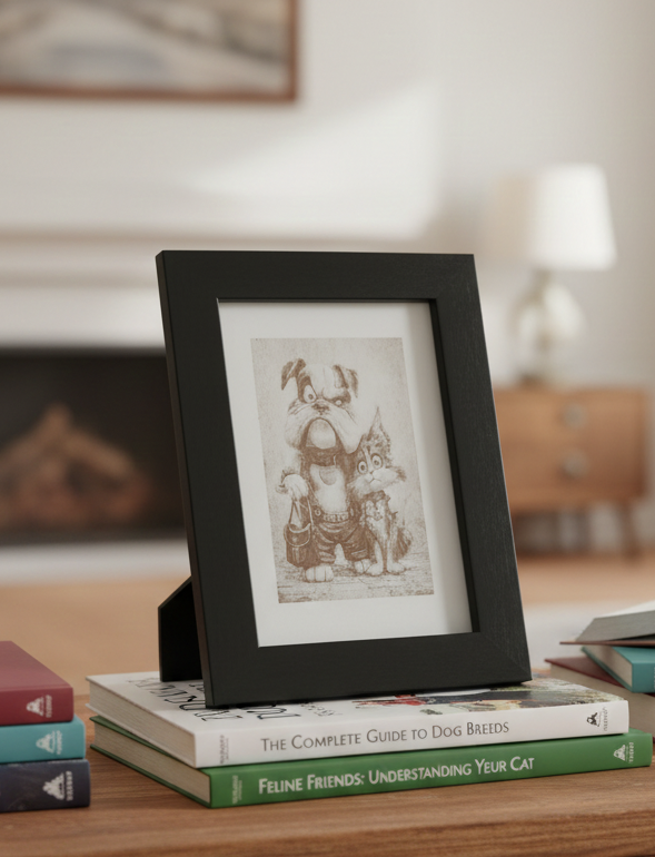 Small wall art engraving with Black frame, "Mr Dog and Ms Cat", (8.9cm x 12.7cm).