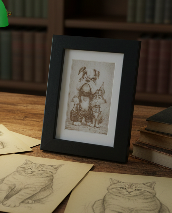 Small wall art engraving with Black frame, "Mr Dog and Ms Cat", (8.9cm x 12.7cm).