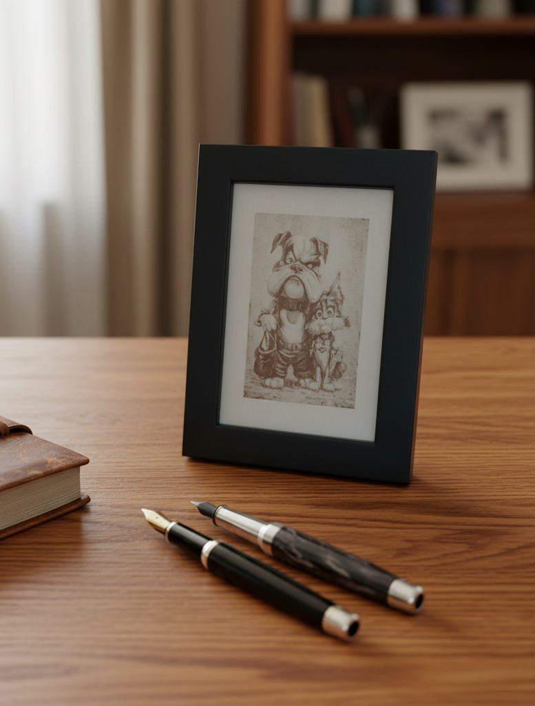 Small wall art engraving with Black frame, "Mr Dog and Ms Cat", (8.9cm x 12.7cm).