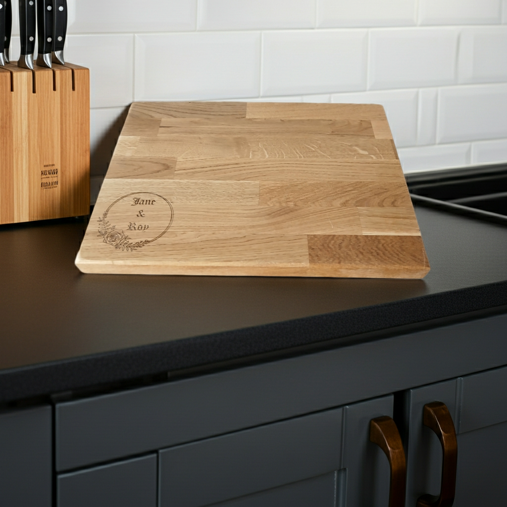 Solid Oak Chopping Board. Personalised or Non-Personalised. 400 mm x 300 mm x 27 mm, with anti-skid rubber feet.