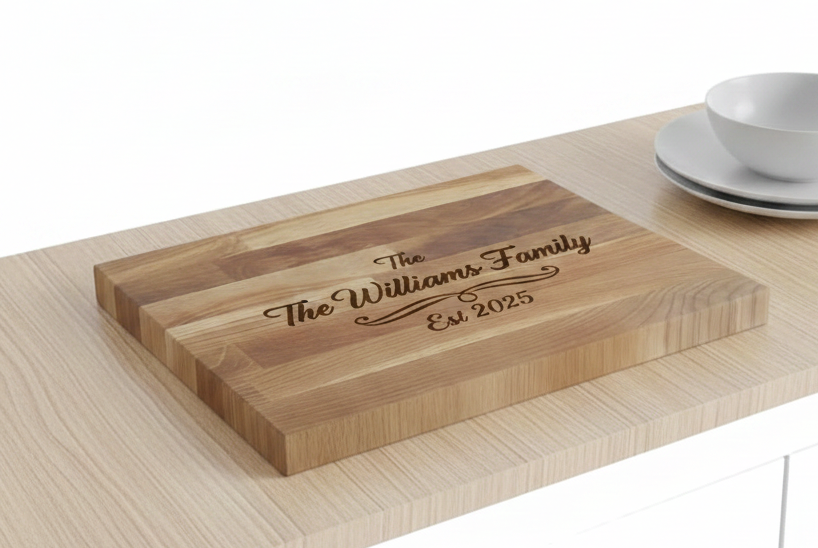 Solid Oak Chopping Board. Personalised or Non-Personalised. 400 mm x 300 mm x 27 mm, with anti-skid rubber feet.
