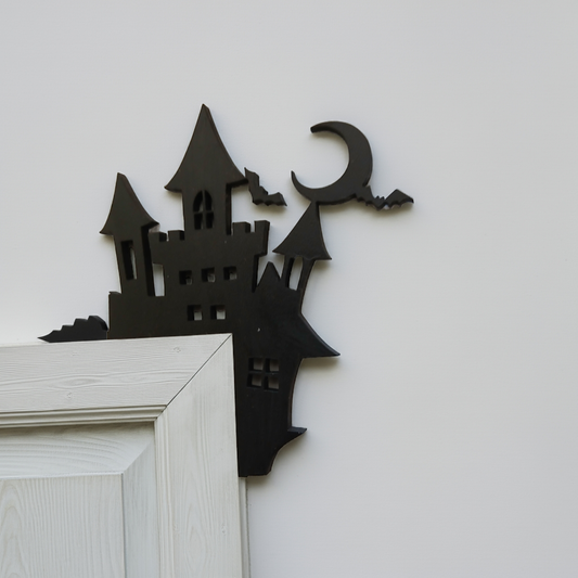 Spooky Castle Halloween Door / Shelf Corner. 220mm x 165mm x 3mm. Black Wood.