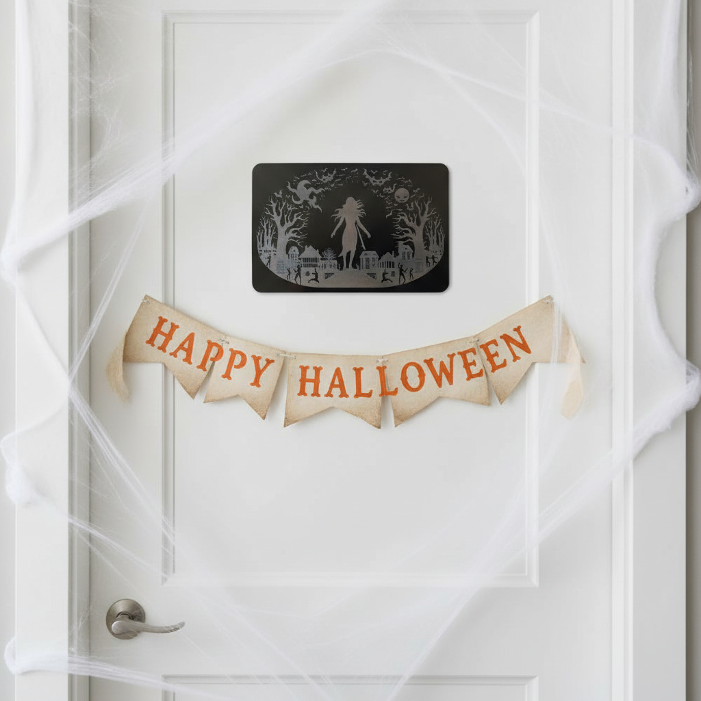 Spooky Halloween Plague, affix to wall with our Strong non-marking tape. 130mm x 200mm x 3mm.
