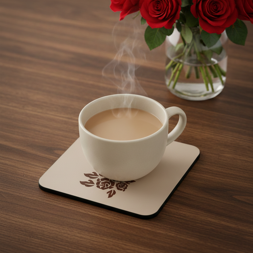 Square, 5 piece botanical engraved wooden coaster set with bumper feet.