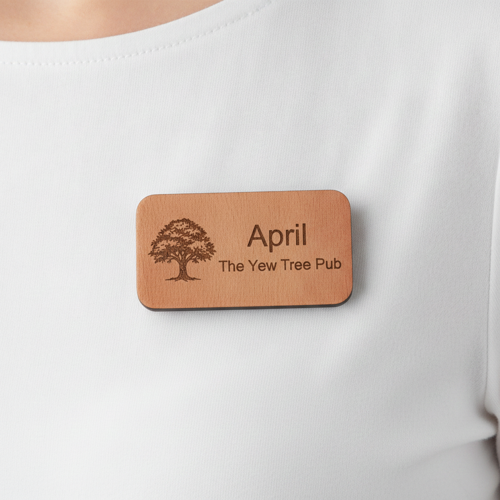 Bulk / Trade Staff ID Badges / Wooden Name Badges.  Credit Card Size +4mm deep. With Pin Fastener. From £1.60 each.