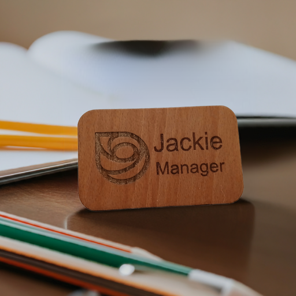 Staff ID Badges / Wooden Name Badges. 50mm long x 90mm width x 4mm deep. With Pin Fastener.