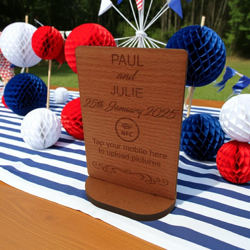 Steamed Beech NFC Photo Sharing and Upload Sign with Stand. Natural Materials.