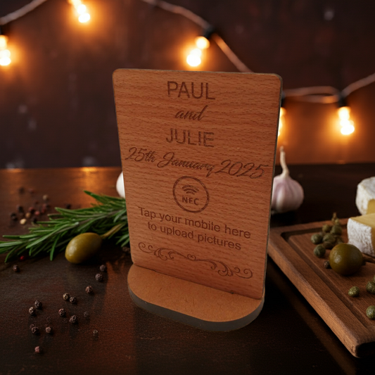 Steamed Beech NFC Photo Sharing and Upload Sign with Stand. Natural Materials.