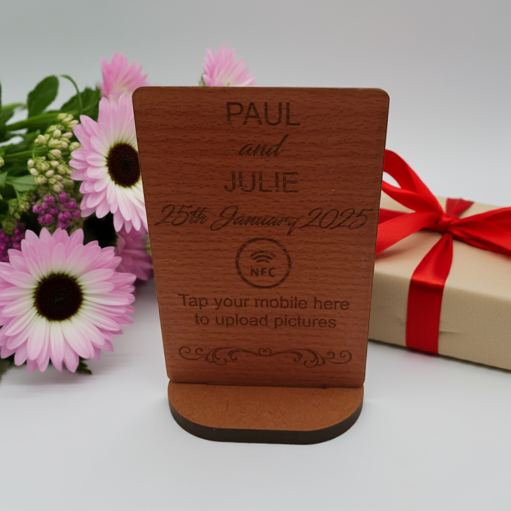 Steamed Beech NFC Photo Sharing and Upload Sign with Stand. Natural Materials.