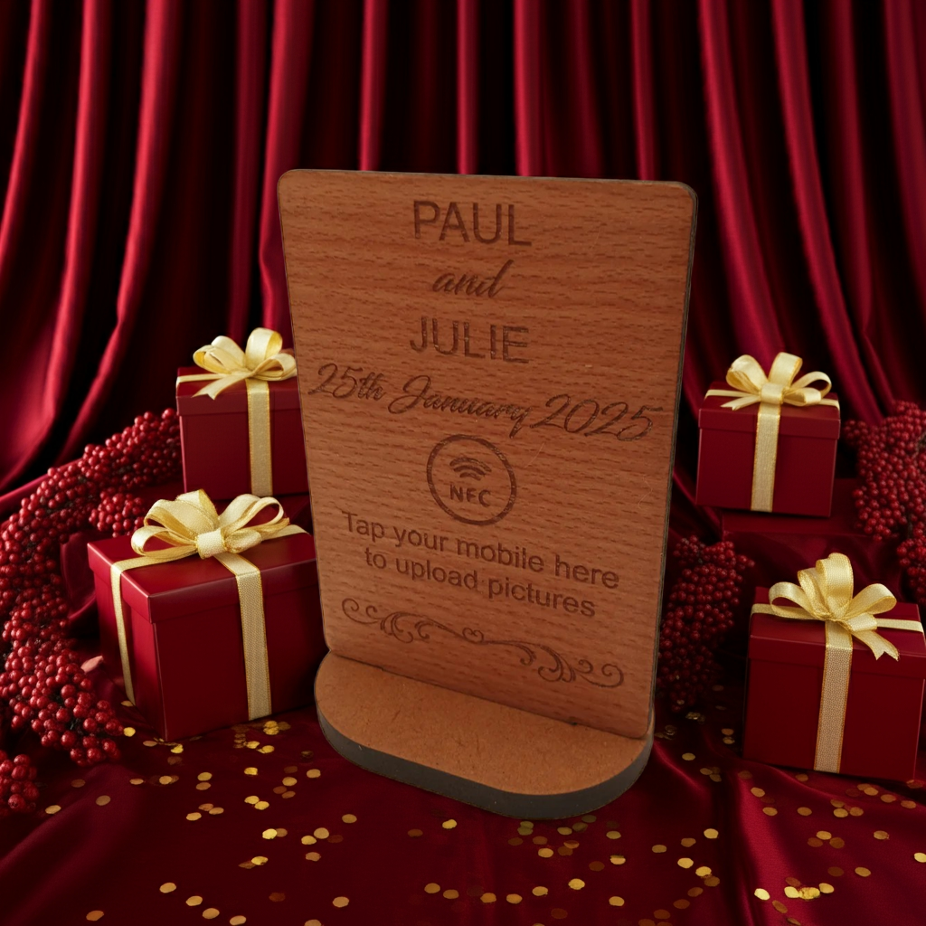 Steamed Beech NFC Photo Sharing and Upload Sign with Stand. Natural Materials.