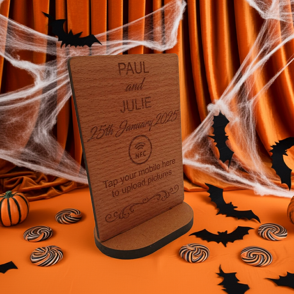 Steamed Beech NFC Photo Sharing and Upload Sign with Stand. Natural Materials.