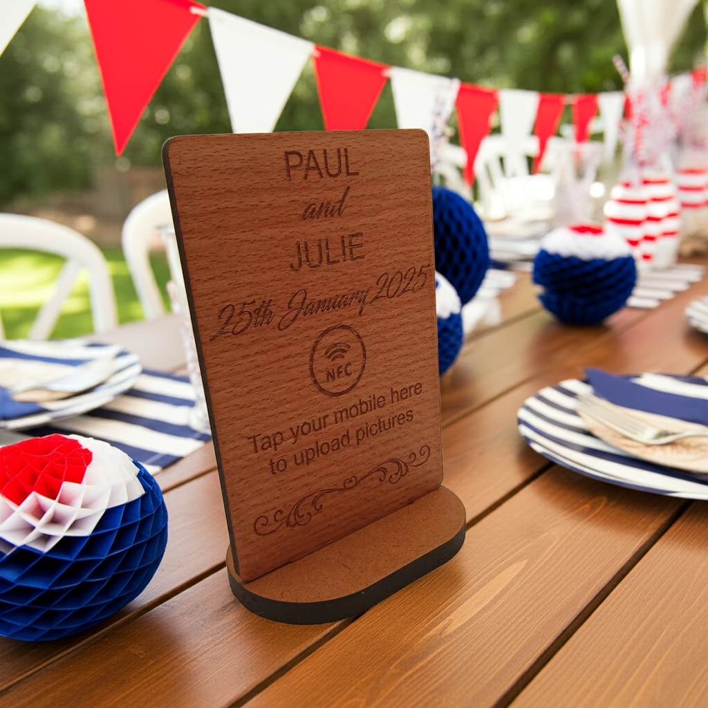 Steamed Beech NFC Photo Sharing and Upload Sign with Stand. Natural Materials.