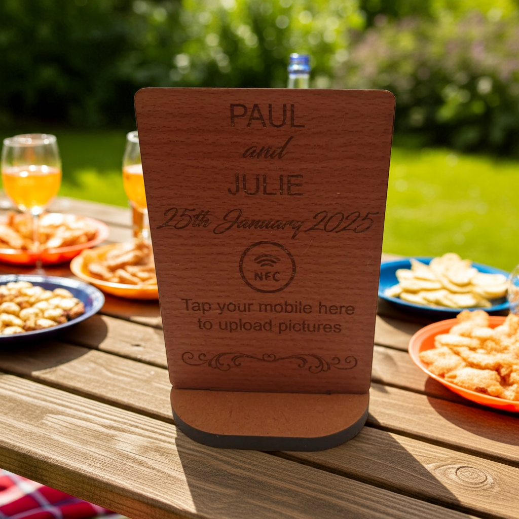 Steamed Beech NFC Photo Sharing and Upload Sign with Stand. Natural Materials.