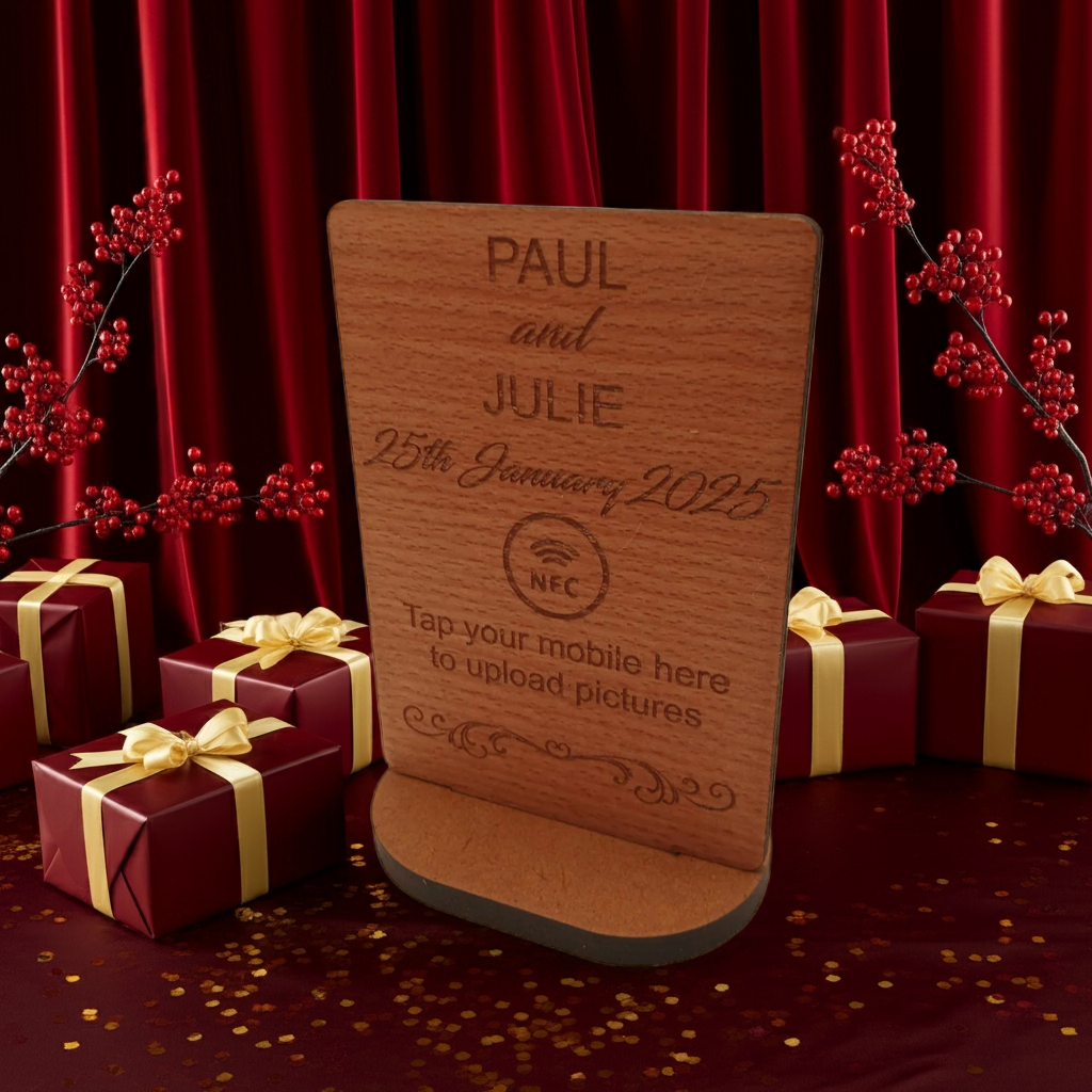 Steamed Beech NFC Photo Sharing and Upload Sign with Stand. Natural Materials.