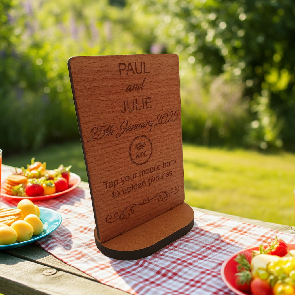 Steamed Beech NFC Photo Sharing and Upload Sign with Stand. Natural Materials.