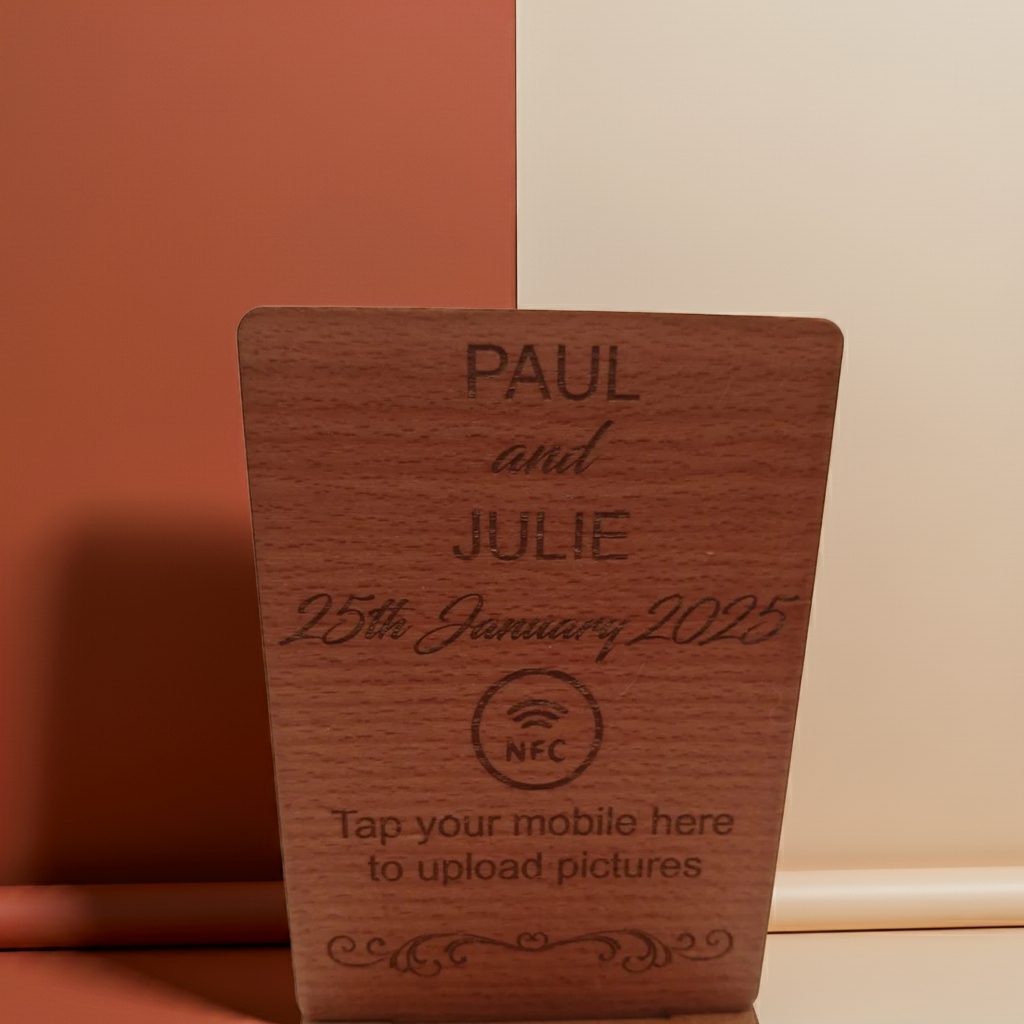 Steamed Beech NFC Photo Sharing and Upload Sign with Stand. Natural Materials.