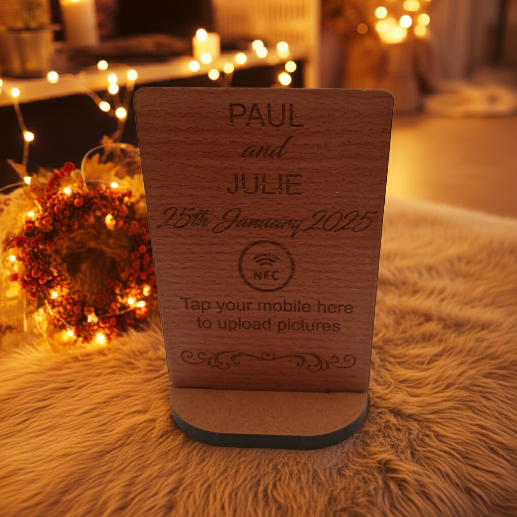 Steamed Beech NFC Photo Sharing and Upload Sign with Stand. Natural Materials.