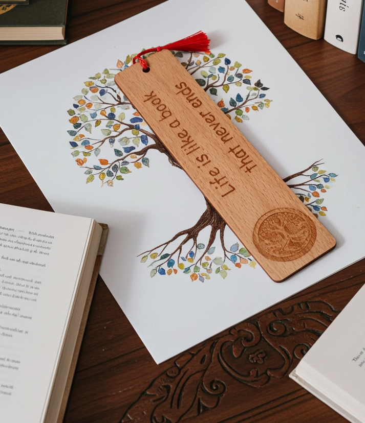 Steamed Beech Wood, Tree of Life Bookmark with Book quote and Tassel.