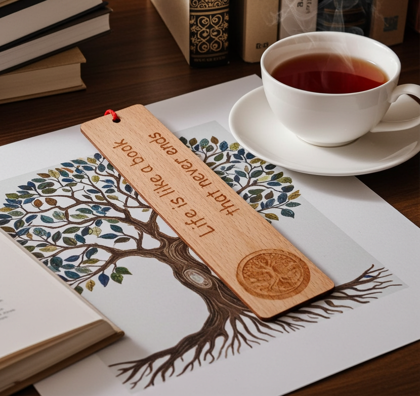 Steamed Beech Wood, Tree of Life Bookmark with Book quote and Tassel.