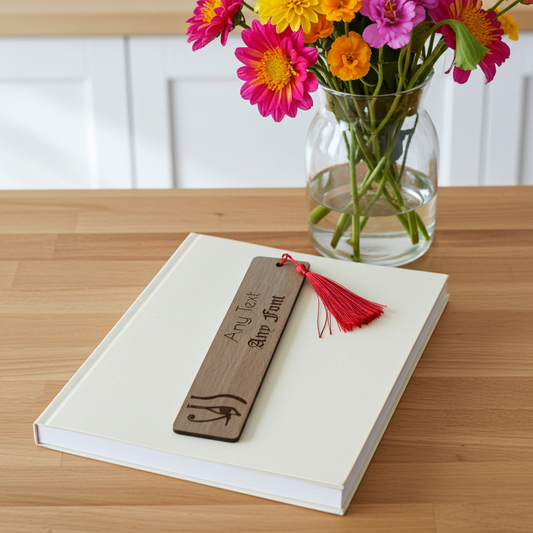 Steamed Beech wood - Eye of Ra engraving - Personalise your own bookmark- Any text and font with tassel.